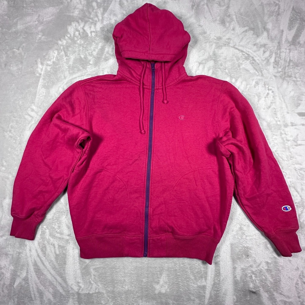 Champion Hoodie Womens Size Medium Pink Fleece Stretch Full Zip Sweatshirt Top